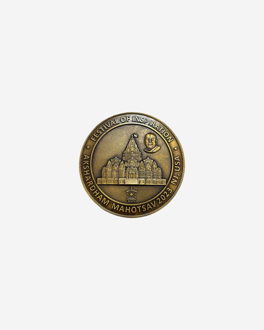 Akshardham Murti Sinhasan Medal Matt Gold color finish - 3"